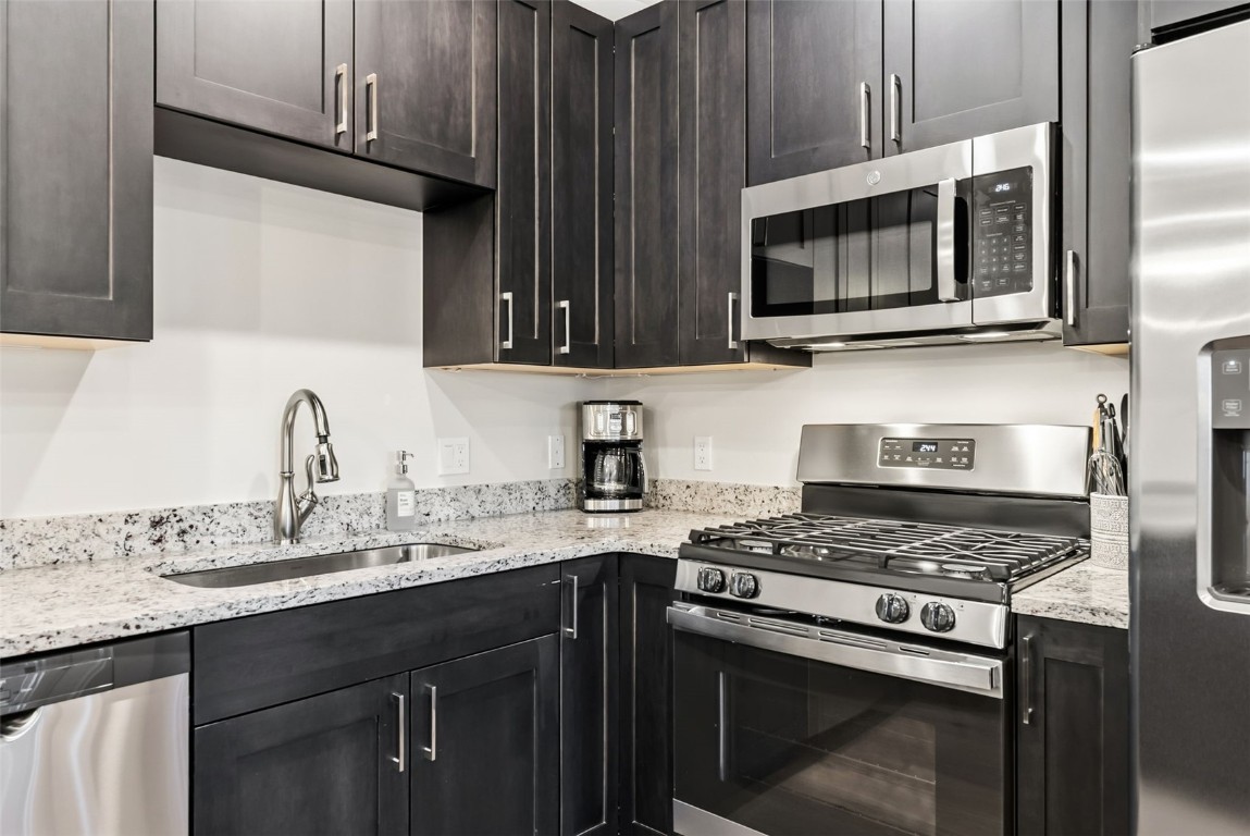 235 La Bonte Street, Unit 106 Dillon, CO 80435 - Photo 32 of 37 a kitchen with stainless steel appliances granite countertop a stove microwave and sink