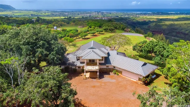 an aerial view of a house with a yard and lake view