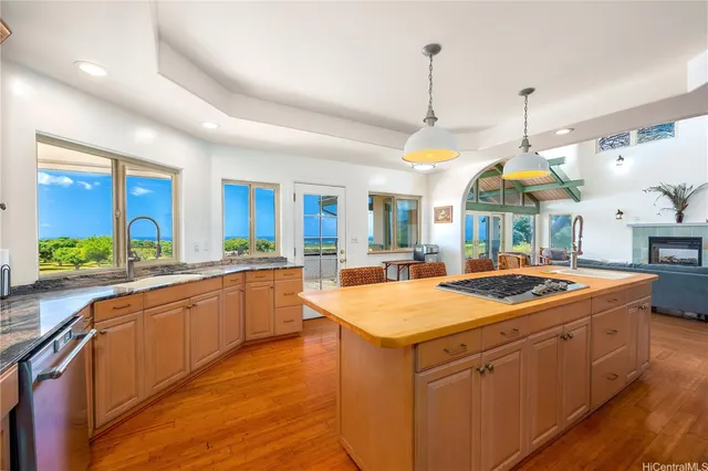 a kitchen with stainless steel appliances granite countertop a sink a stove and a wooden floors