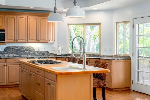 a kitchen with stainless steel appliances granite countertop a stove a sink and a counter space