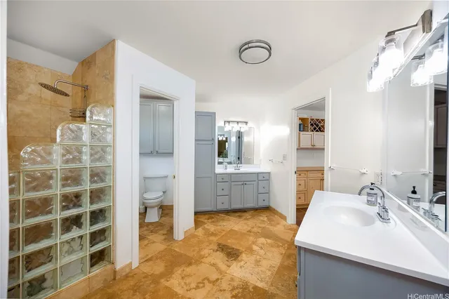 a bathroom with a double vanity sink mirror and shower