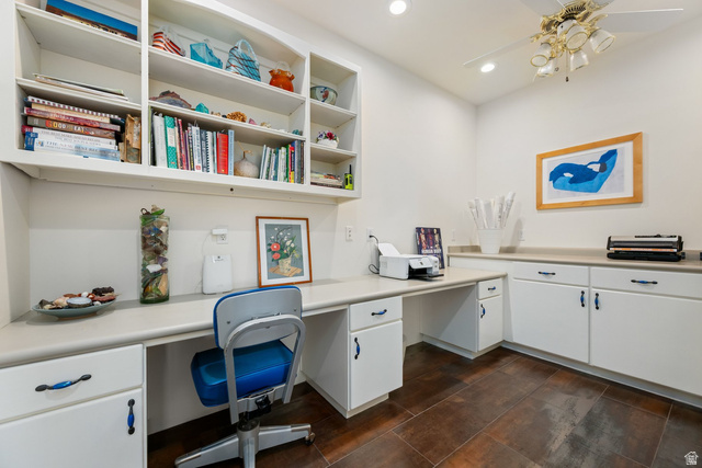 779 South Silver Road Leeds, UT 84746 - Photo 21 of 80 Office area featuring built in study area, dark wood finished floors, ceiling fan, and recessed lighting
