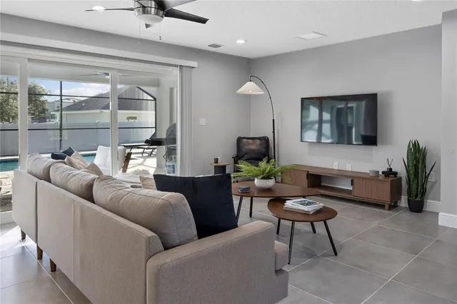 a living room with furniture and a large window