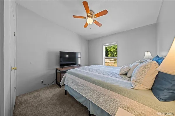 a bedroom with a bed and a tv