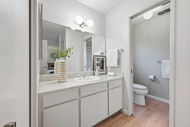 a bathroom with a toilet a sink a mirror a vanity and shower