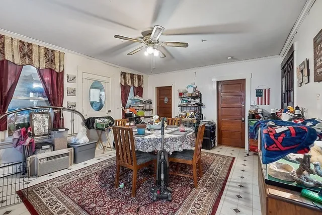 a view of a dining room with furniture