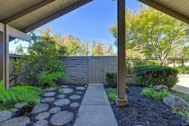 a view of backyard with plants and outdoor seating
