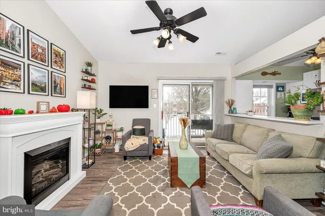 a living room with furniture a flat screen tv and a fireplace