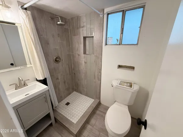 a bathroom with a sink a toilet and shower