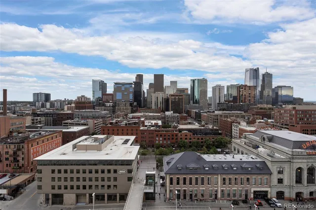a city view with tall buildings