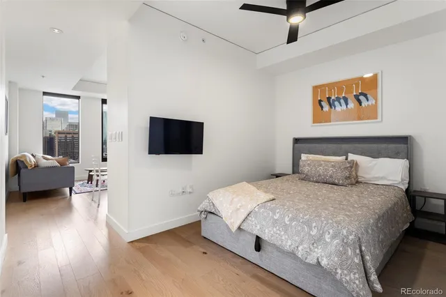 a bedroom with a bed a couch and a flat screen tv