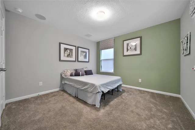a spacious bedroom with a bed and a desk