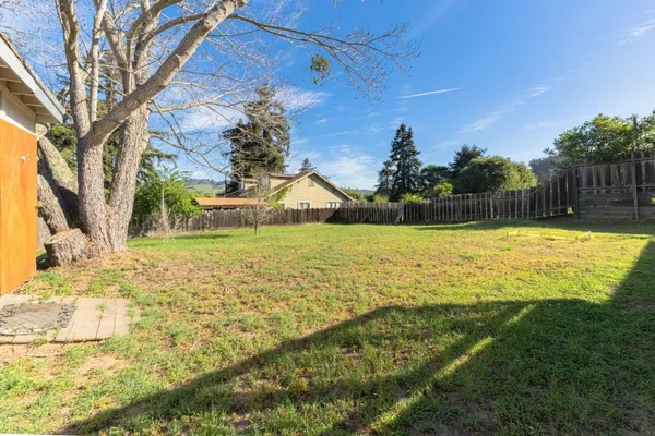 a backyard of a house with large trees