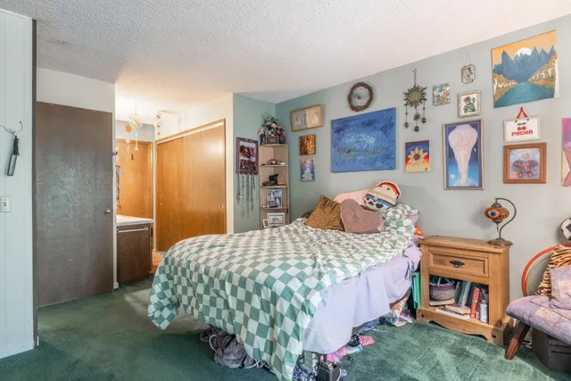 a bedroom with a bed and a book shelf