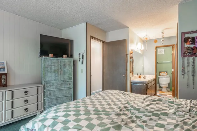 a bedroom with a bed and a television