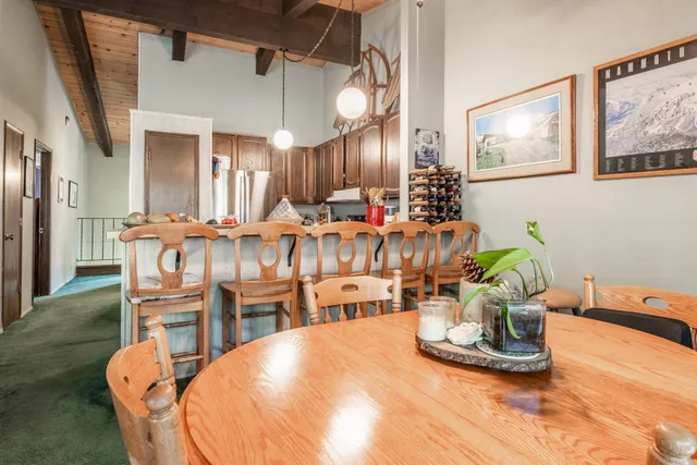 a view of a dining room with furniture