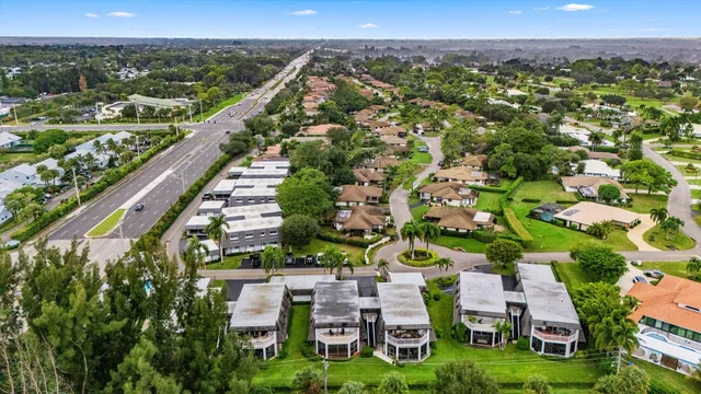 a view of a city with lawn chairs