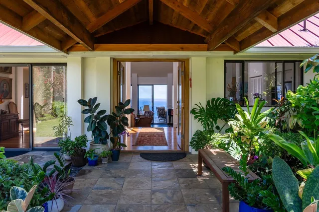 a view of a porch with potted plants and floor to ceiling window