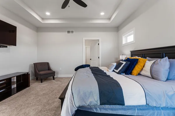 a bedroom with a bed a flat screen tv and couches