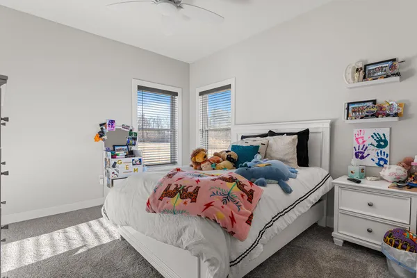 a bedroom with a bed and closet