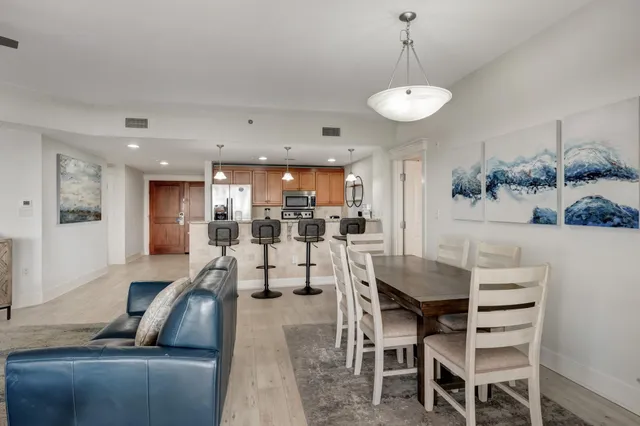 a view of a dining room with furniture