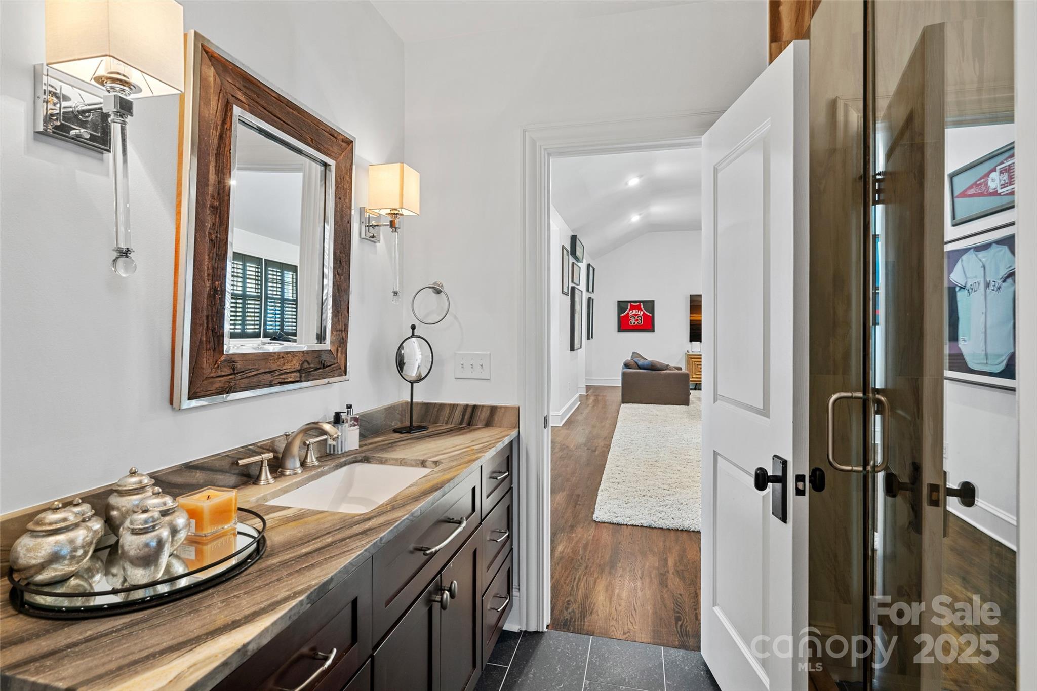 3212 Lazy Branch Road Charlotte, NC 28270 - Photo 41 of 47 a bathroom with a granite countertop sink and a mirror