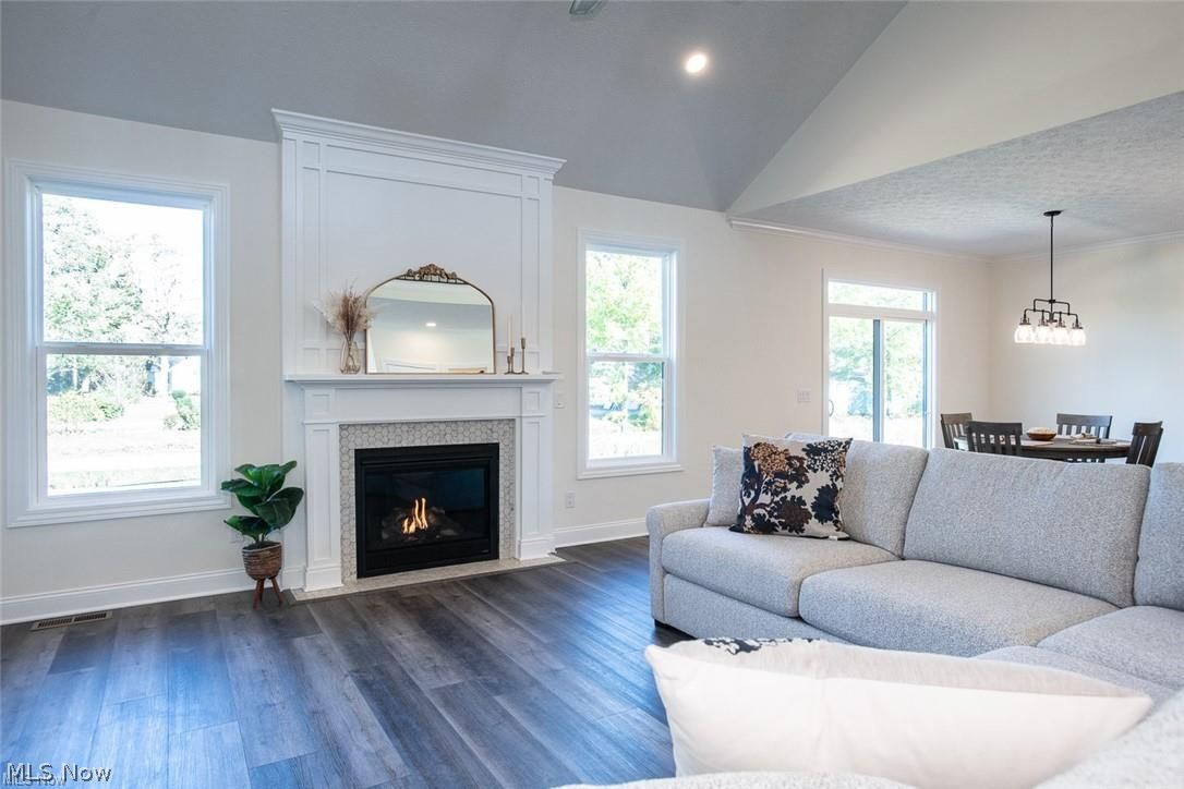 34286 Brookside Lane North Ridgeville, OH 44039 - Photo 2 of 50 Living area featuring dark wood finished floors, ornamental molding, a fireplace with flush hearth, a textured ceiling, and high vaulted ceiling