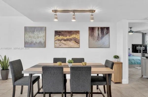 a view of a dining room with furniture