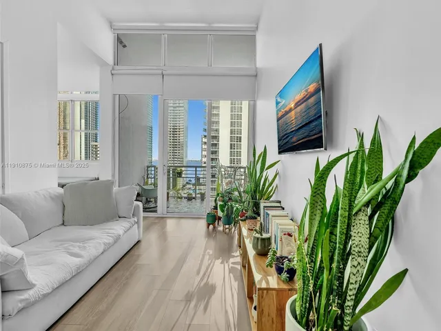 a living room with furniture and a potted plant