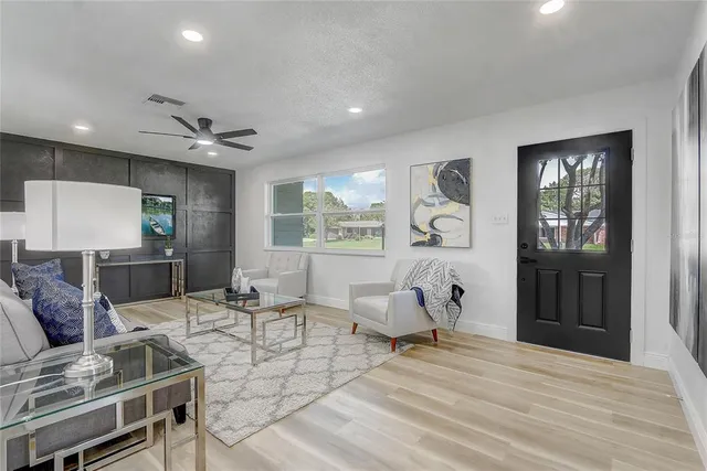 a view of a dining room with furniture