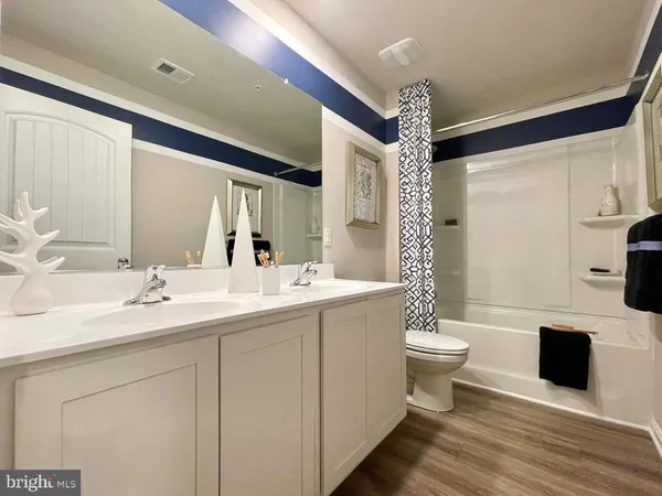 a bathroom with a double vanity sink mirror and toilet