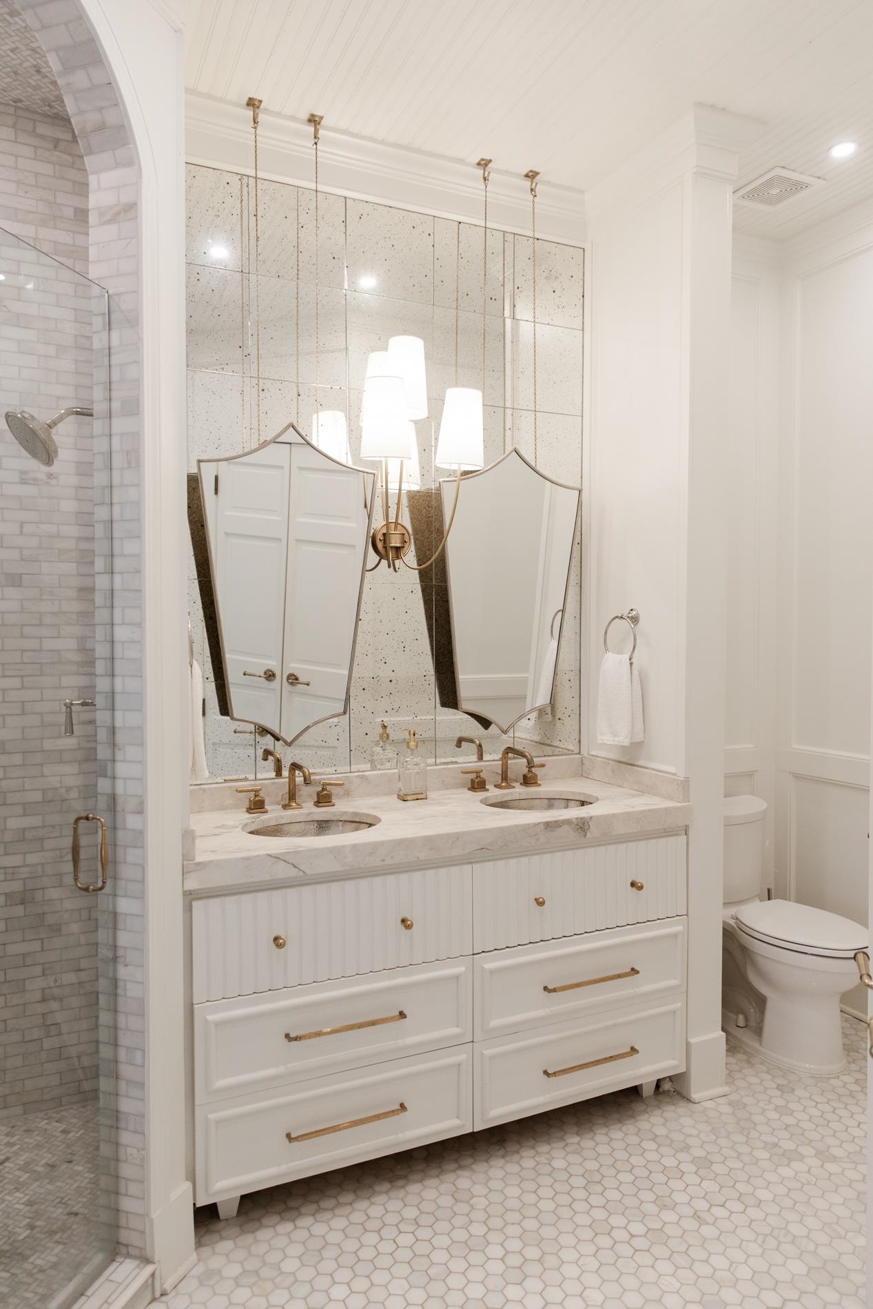 232 West Poplar Avenue Collierville, TN 38017 - Photo 32 of 36 Bathroom featuring a stall shower, double vanity, and ornamental molding