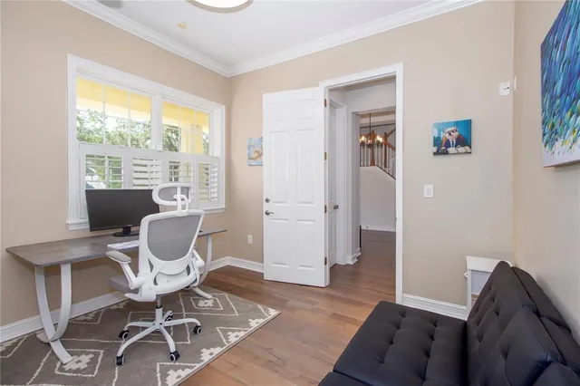 a view of a dining room with furniture a rug and wooden floor