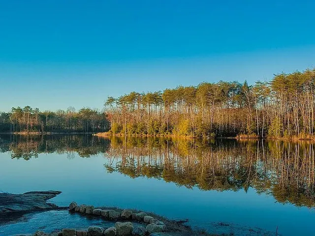 a view of lake with green space