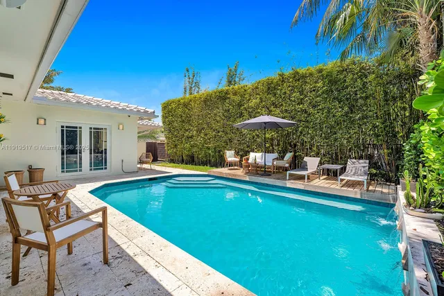 a view of a swimming pool with chairs in patio