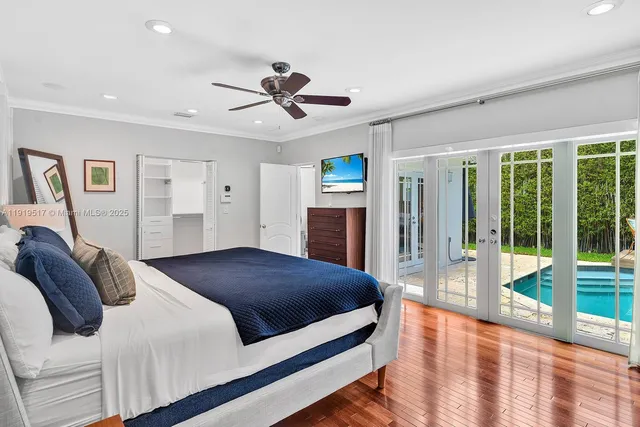 a spacious bedroom with a bed and wooden floor