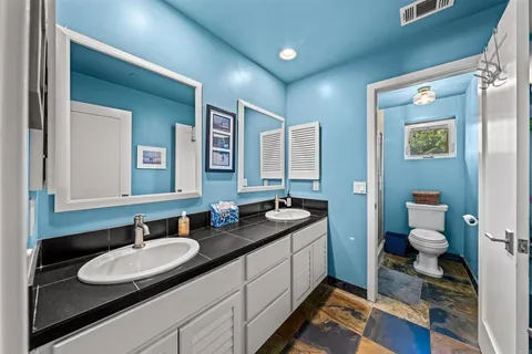 a bathroom with a sink double vanity and a toilet