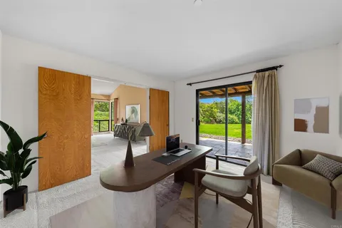 a living room with furniture and a potted plant