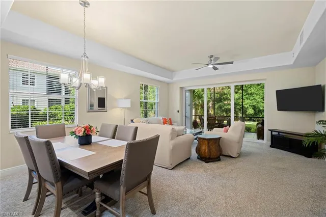 a view of a dining room with furniture window and outside view