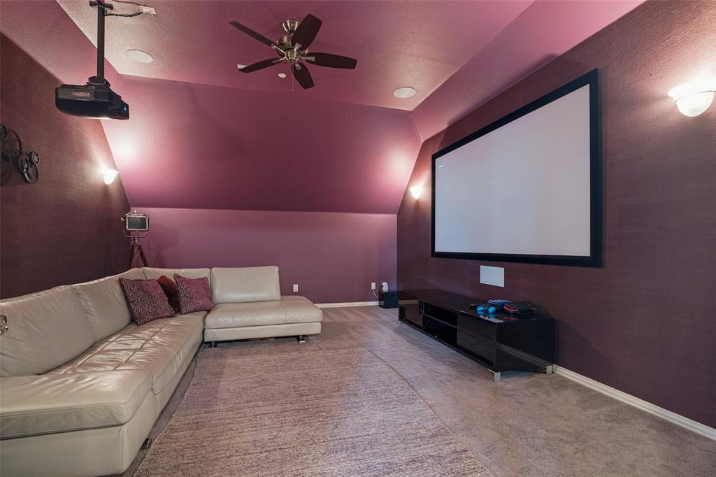 388 Bethany Road Sunnyvale, TX 75182 - Photo 27 of 40 Dedicated media room featuring a large projection screen, mounted projector, ceiling fan, recessed lighting, and wall-mounted sconces