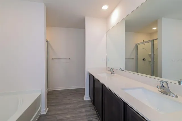 a bathroom with a sink a mirror and a bathtub