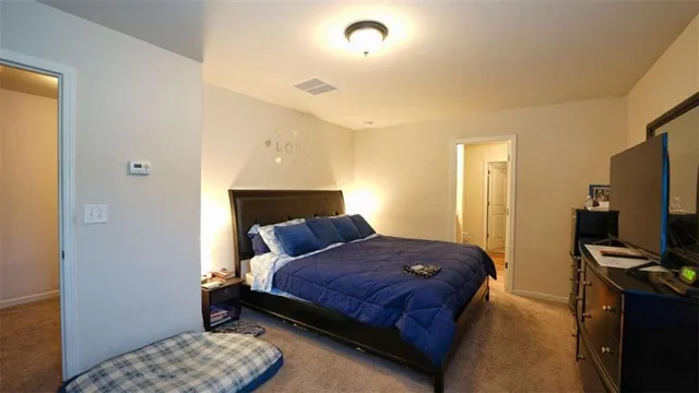 a bedroom with a bed and a flat screen tv