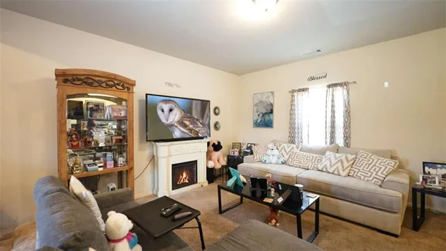 a living room with furniture a flat screen tv and a fireplace