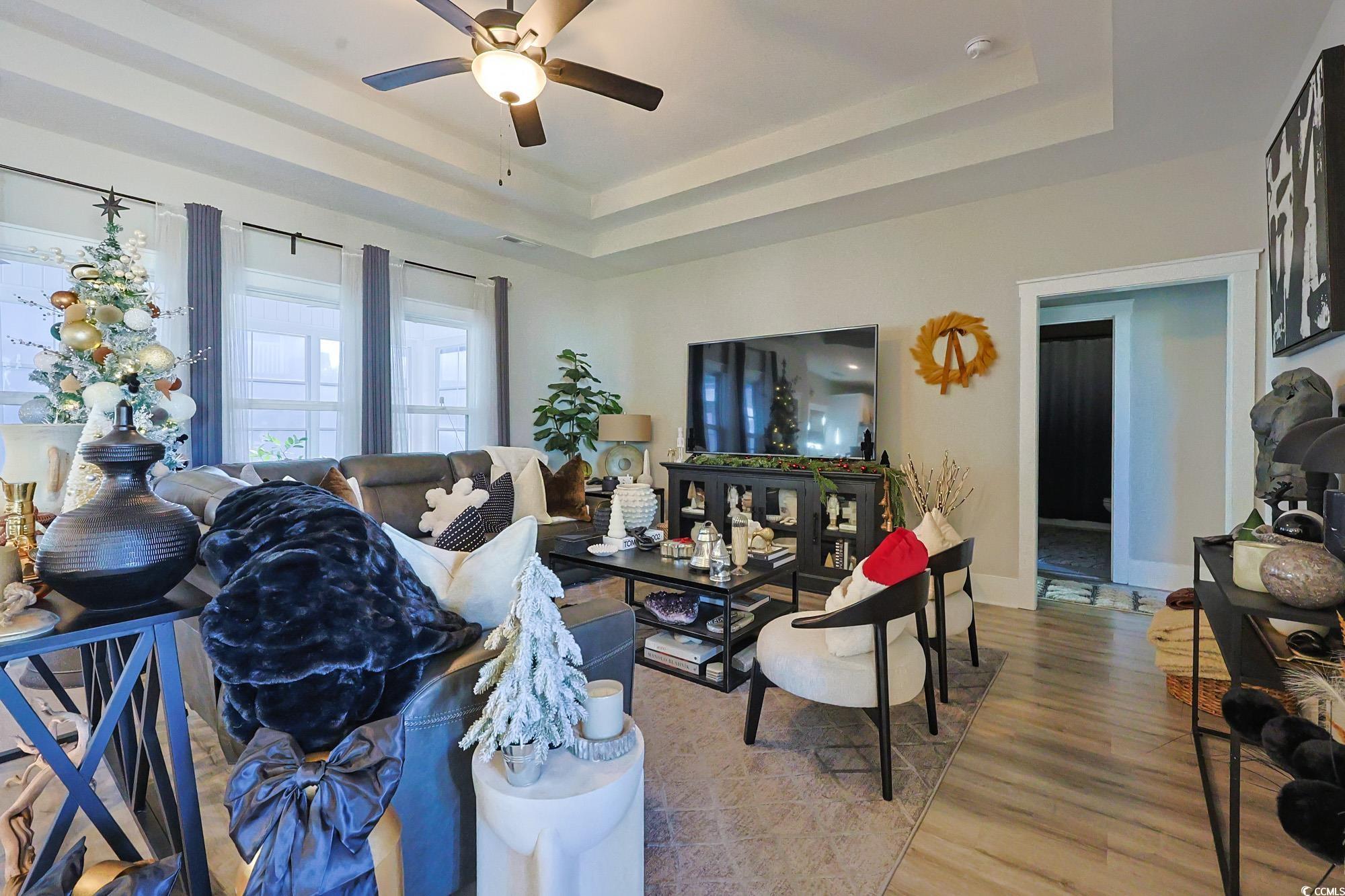 669 Pacific Commons Drive Surfside Beach, SC 29575 - Photo 3 of 36 Living area featuring a raised ceiling, a ceiling fan, and light wood finished floors