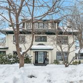 a view of a building with a snow