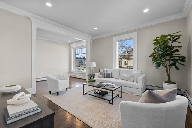 a living room with furniture and a potted plant
