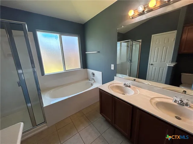 a bathroom with a double vanity sink a mirror and a bathtub