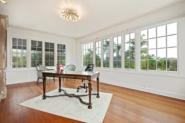 a workspace with furniture window and outside view