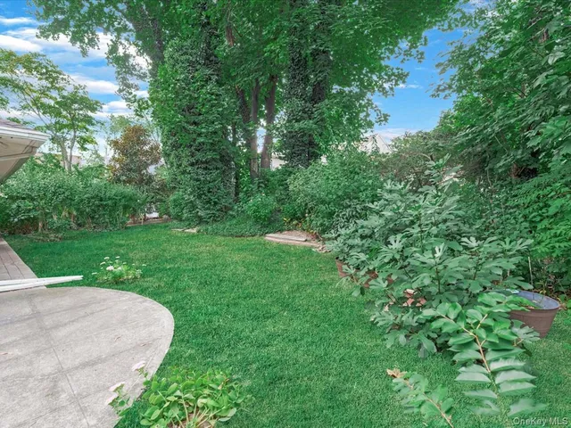 a view of a garden with a fountain