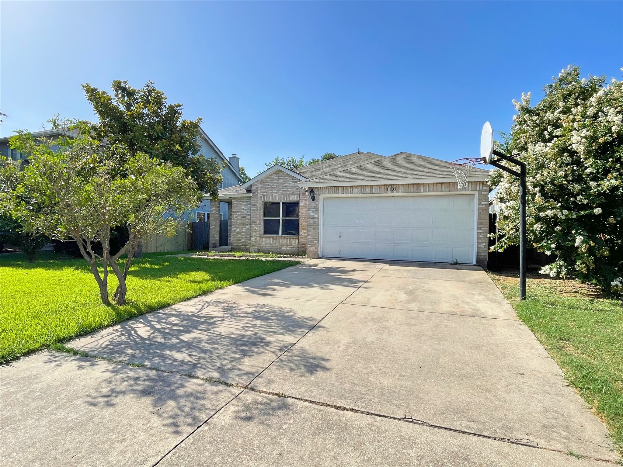 1103 Pike Path Round Rock, TX 78665 - Photo 3 of 36 The front of the house framed by beautiful trees, enhancing its natural charm and curb appeal. The lush foliage creates a picturesque backdrop, adding a sense of tranquility and enhancing the overall aesthetic of the property.
